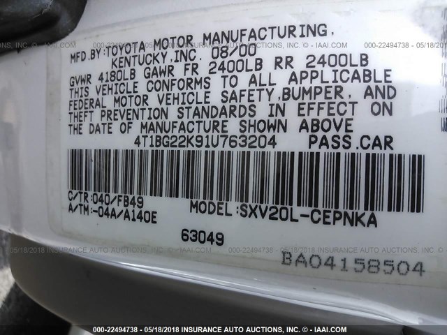 4T1BG22K91U763204 - 2001 TOYOTA CAMRY CE/LE/XLE 白色 照片 9