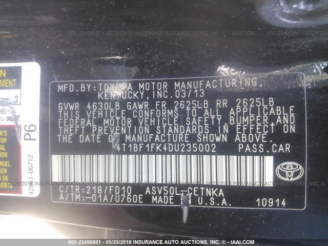 4T1BF1FK4DU235002 - 2013 TOYOTA CAMRY L/SE/LE/XLE 黑色 照片 9