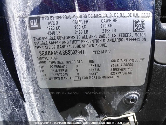 3GNBAAFW3BS533941 - 2011 CHEVROLET HHR LS Azul foto 9