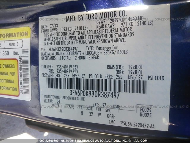 3FA6P0K99DR387497 - 2013 FORD FUSION TITANIUM BLUE photo 9