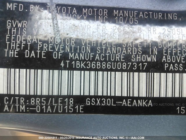 4T1BK36B86U087317 - 2006 TOYOTA AVALON XL/XLS/TOURING/LIMITED BLUE photo 9