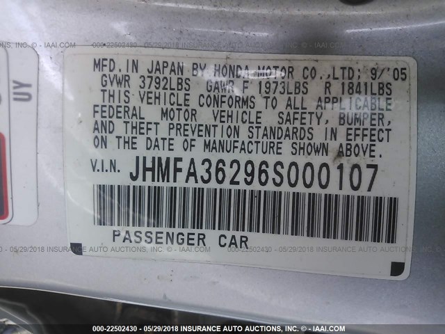 JHMFA36296S000107 - 2006 HONDA CIVIC HYBRID SILVER photo 9