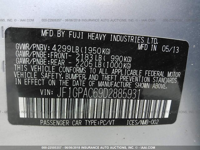 JF1GPAC69D2885931 - 2013 SUBARU IMPREZA PREMIUM SILVER photo 9