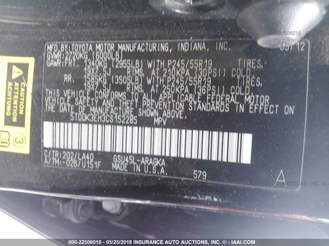 5TDDK3EH3CS152285 - 2012 TOYOTA HIGHLANDER LIMITED BLACK photo 9