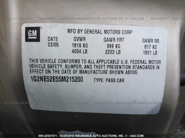 1G2NE52E55M215200 - 2005 PONTIAC GRAND AM SE GOLD photo 9