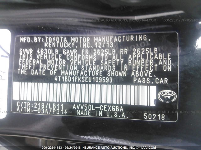 4T1BD1FK5EU109593 - 2014 TOYOTA CAMRY HYBRID/LE/XLE BLACK photo 9