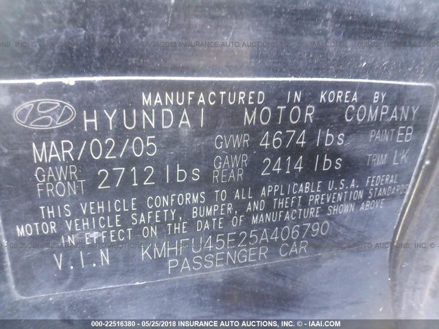 KMHFU45E25A406790 - 2005 HYUNDAI XG 350 BLACK photo 9