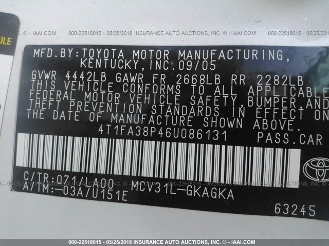 4T1FA38P46U086131 - 2006 TOYOTA CAMRY SOLARA SE/SLE თეთრი ფოტო 9