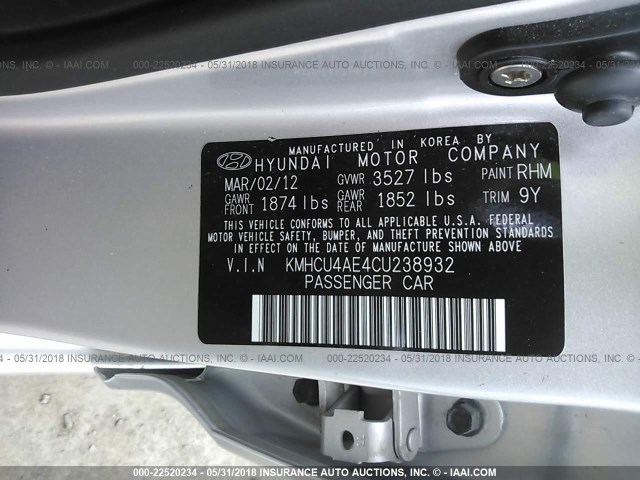 KMHCU4AE4CU238932 - 2012 HYUNDAI ACCENT GLS/GS/SE SILVER photo 9