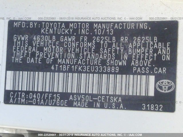 4T1BF1FK3EU333889 - 2014 TOYOTA CAMRY L/SE/LE/XLE 白色 照片 9