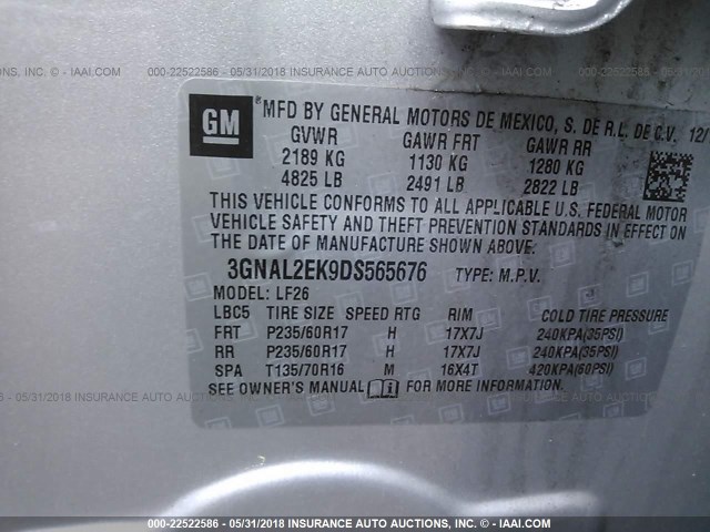 3GNAL2EK9DS565676 - 2013 CHEVROLET CAPTIVA LS 银色 照片 9