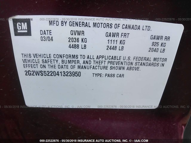 2G2WS522041323950 - 2004 PONTIAC GRAND PRIX GT2 ბურგუნდია ფოტო 9