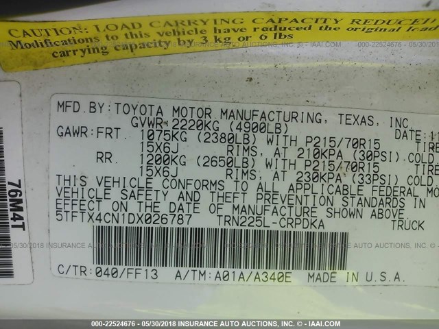 5TFTX4CN1DX026787 - 2013 TOYOTA TACOMA ACCESS CAB თეთრი ფოტო 9