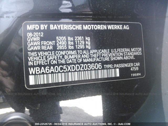 WBA6A0C5XDDZ03606 - 2013 BMW 640 I BLACK photo 9