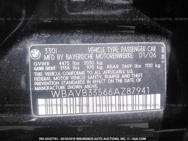 WBAVB33566AZ87941 - 2006 BMW 330 I BLACK photo 9