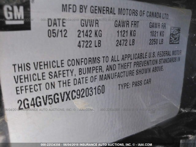 2G4GV5GVXC9203160 - 2012 BUICK REGAL GS GRAY photo 9