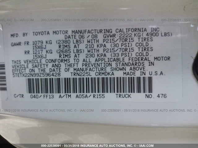 5TETX22N99Z596428 - 2009 TOYOTA TACOMA ACCESS CAB თეთრი ფოტო 9