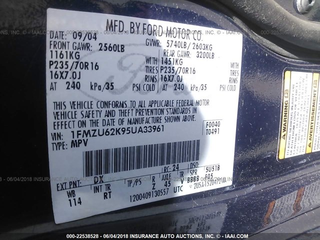 1FMZU62K95UA33961 - 2005 FORD EXPLORER XLS/XLS SPORT 深蓝色 照片 9