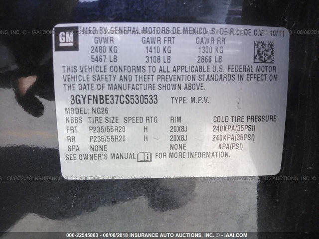 3GYFNBE37CS530533 - 2012 CADILLAC SRX PERFORMANCE COLLECTION Қара фото 9