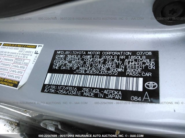 JTDBL40E59J037572 - 2009 TOYOTA COROLLA LE/XLE SILVER photo 9