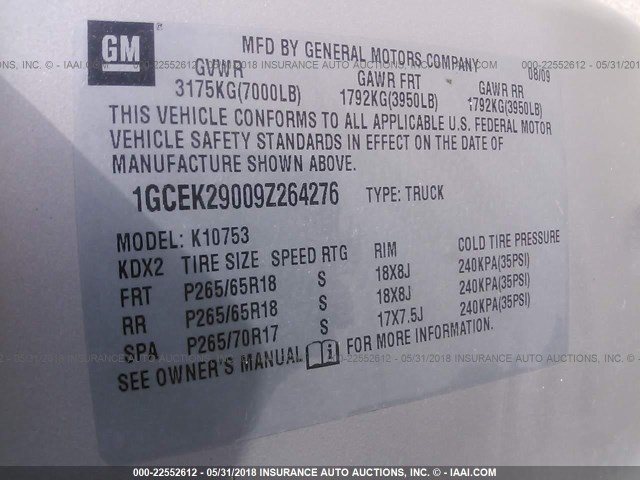 1GCEK29009Z264276 - 2009 CHEVROLET SILVERADO K1500 LT SILVER photo 9