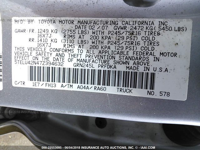 5TELU42N47Z394632 - 2007 TOYOTA TACOMA DOUBLE CAB 银色 照片 9