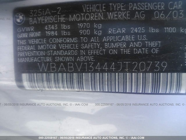 WBABV13444JT20739 - 2004 BMW 325 CI SULEV SILVER photo 9