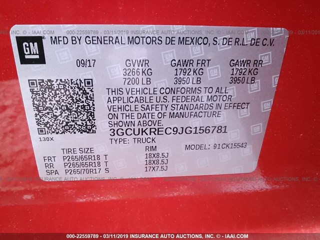 3GCUKREC9JG156781 - 2018 CHEVROLET SILVERADO K1500 LT RED photo 9