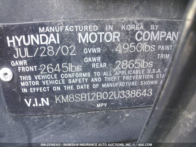 KM8SB12B02U338643 - 2002 HYUNDAI SANTA FE GL BLACK photo 9