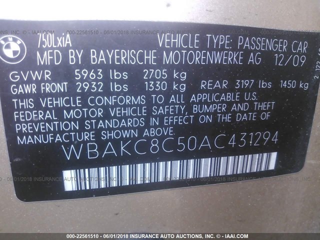 WBAKC8C50AC431294 - 2010 BMW 750 LI/XDRIVE GOLD photo 9