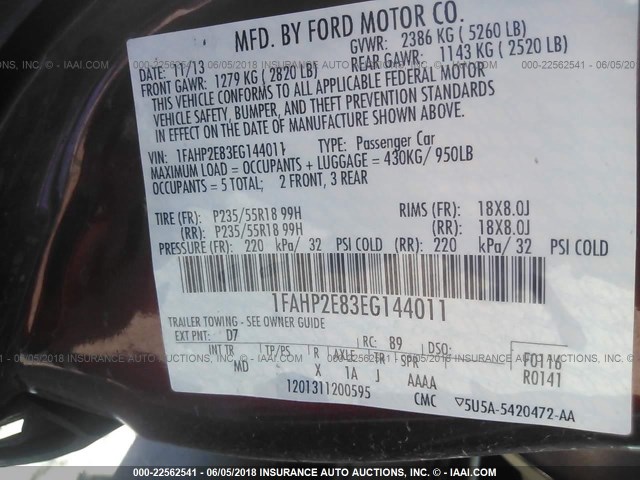 1FAHP2E83EG144011 - 2014 FORD TAURUS SEL BROWN photo 9