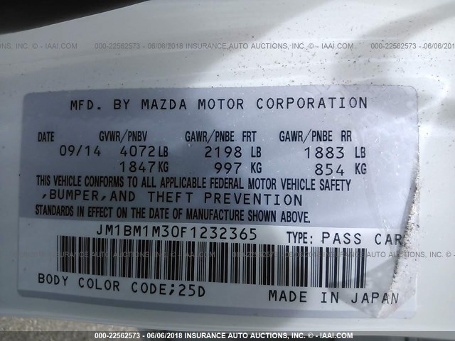 JM1BM1M30F1232365 - 2015 MAZDA 3 GRAND TOURING WHITE photo 9