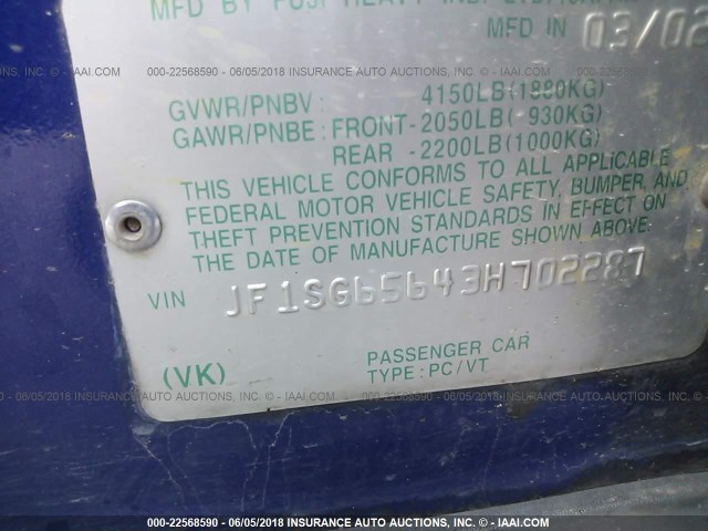 JF1SG65643H702287 - 2003 SUBARU FORESTER 2.5XS Көк фото 9