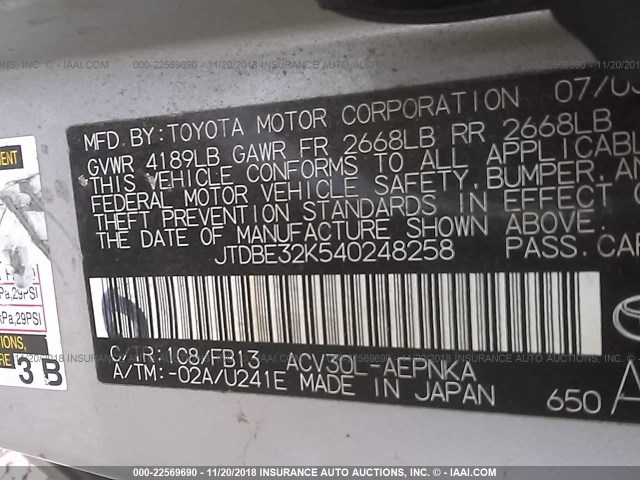 JTDBE32K540248258 - 2004 TOYOTA CAMRY LE/XLE 银色 照片 9