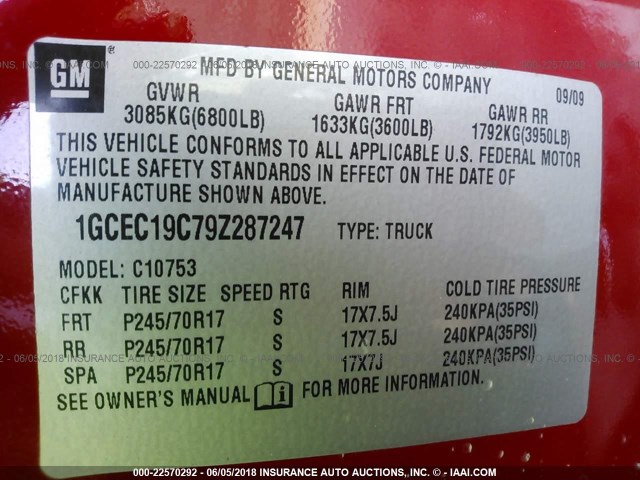 1GCEC19C79Z287247 - 2009 CHEVROLET SILVERADO C1500 RED photo 9