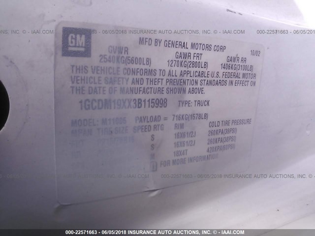 1GCDM19XX3B115998 - 2003 CHEVROLET ASTRO WHITE photo 9