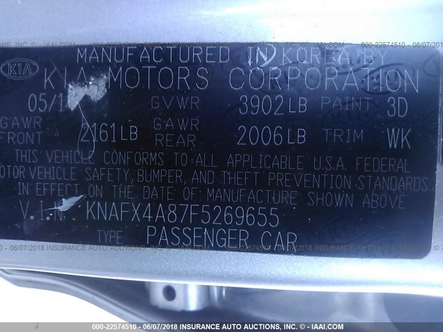 KNAFX4A87F5269655 - 2015 KIA FORTE EX SILVER photo 9