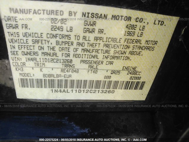 1N4AL11D12C213260 - 2002 NISSAN ALTIMA S/SL BLACK photo 9