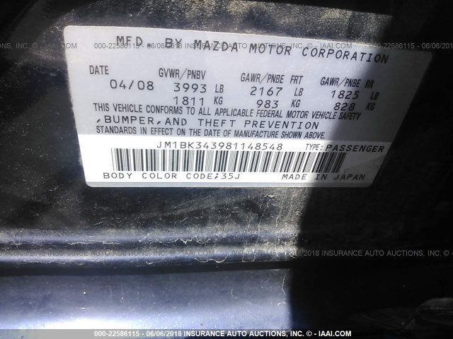 JM1BK343981148548 - 2008 MAZDA 3 HATCHBACK BLUE photo 9