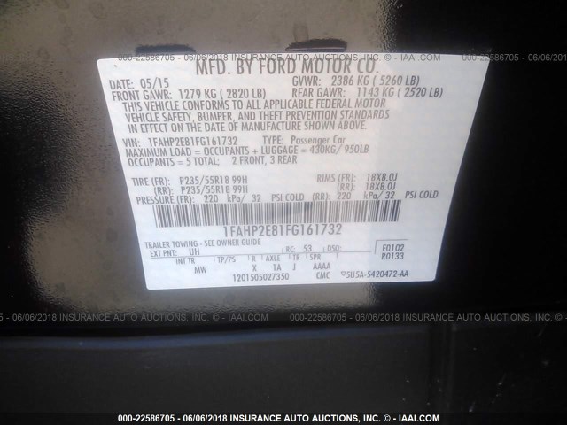 1FAHP2E81FG161732 - 2015 FORD TAURUS SEL BLACK photo 9