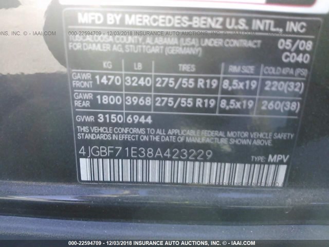 4JGBF71E38A423229 - 2008 MERCEDES-BENZ GL 450 4MATIC BLACK photo 9