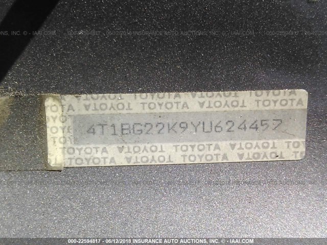 4T1BG22K9YU624457 - 2000 TOYOTA CAMRY CE/LE/XLE 灰色 照片 9