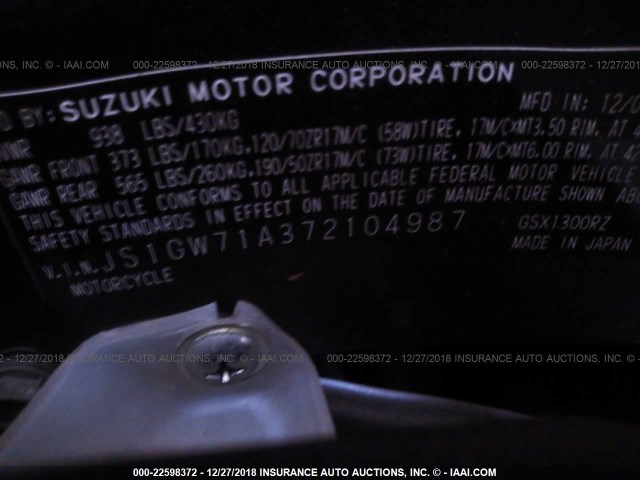 JS1GW71A372104987 - 2007 SUZUKI GSX1300 RZ BLACK photo 10