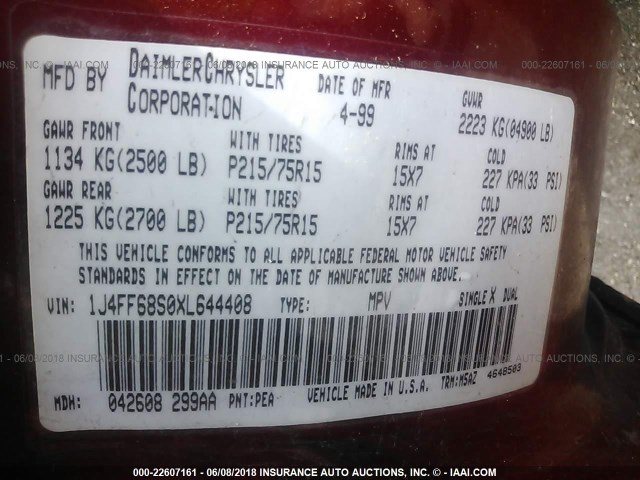 1J4FF68S0XL644408 - 1999 JEEP CHEROKEE SPORT/CLASSIC წითელი ფოტო 9
