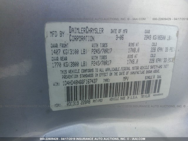 1D4HD48N66F167437 - 2006 DODGE DURANGO SLT SILVER photo 9