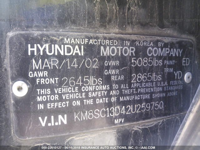 KM8SC13D42U259750 - 2002 HYUNDAI SANTA FE GLS/LX BLACK photo 9