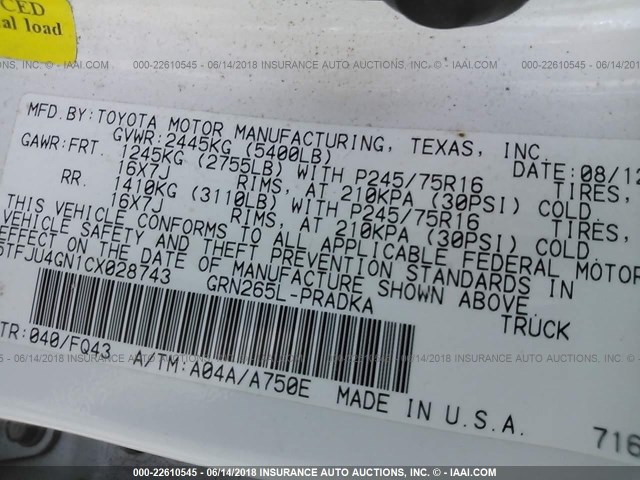 5TFJU4GN1CX028743 - 2012 TOYOTA TACOMA DOUBLE CAB PRERUNNER WHITE photo 9