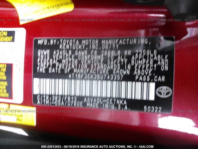 4T1BF3EK3BU743357 - 2011 TOYOTA CAMRY SE/LE/XLE 红色 照片 9