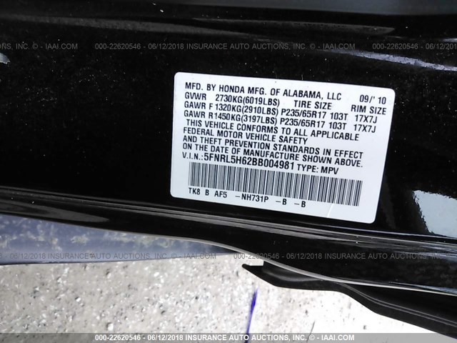 5FNRL5H62BB004981 - 2011 HONDA ODYSSEY EXL BLACK photo 9