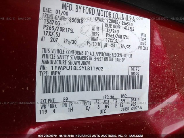 1FMPU18L5YLB11902 - 2000 FORD EXPEDITION EDDIE BAUER RED photo 9